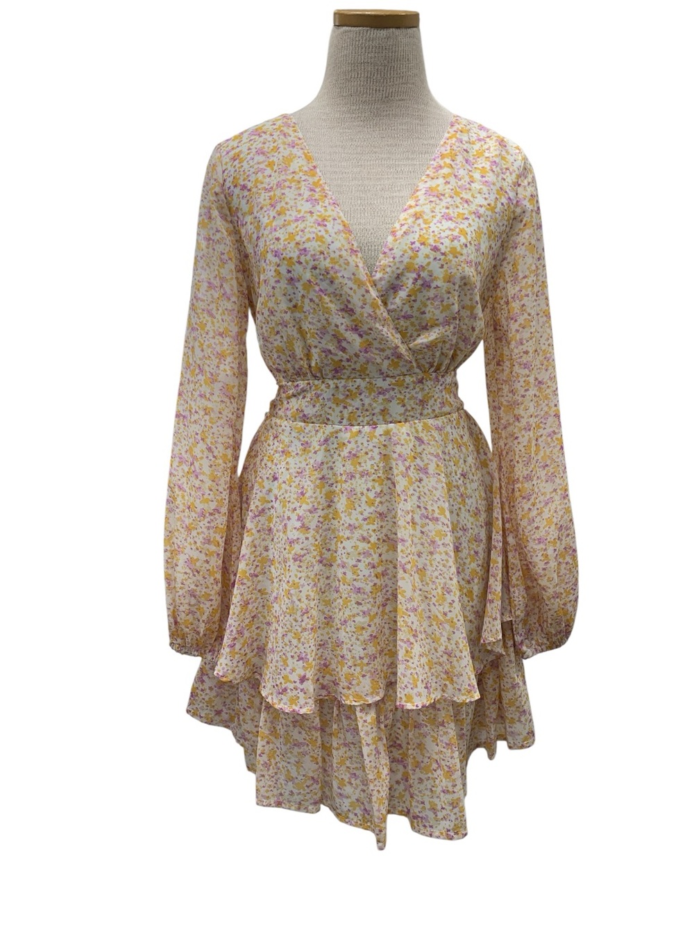 Japna Yellow Floral Wrap Long Sleeve Mini Dress Size M